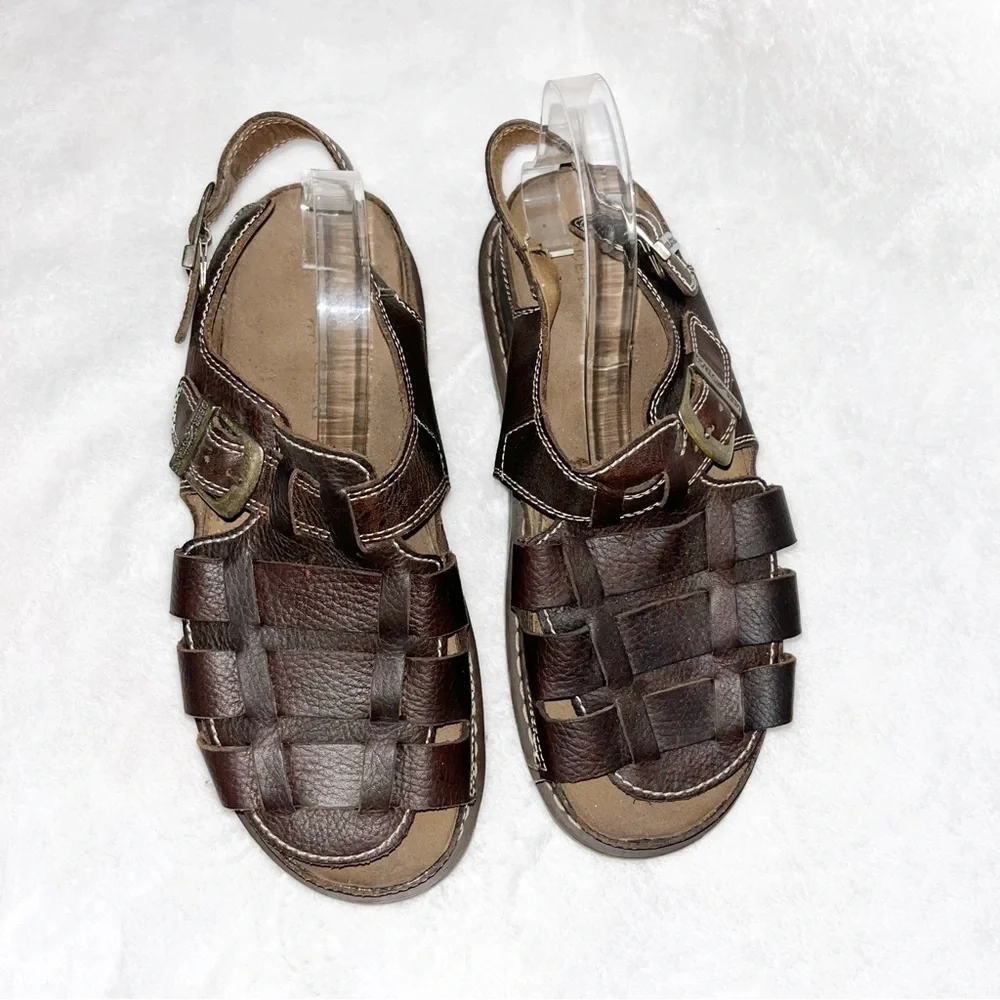 Y2K 90s Deer Stag Chunky Brown Leather Sandals Mens Size 11 Lug Rugged Fisherman
